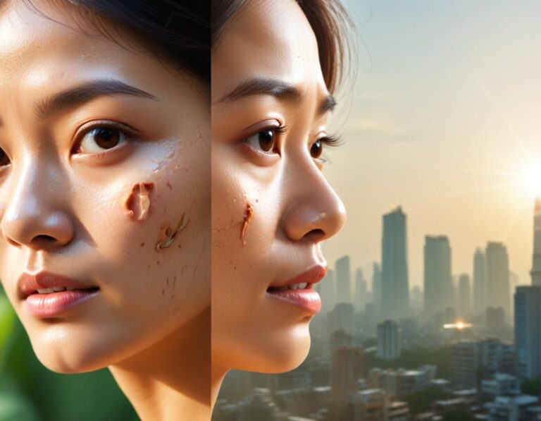 ภาพแสดงสาเหตุของผิวเสีย หน้าโทรม เช่น ความเครียด และปัจจัยอื่น ๆ