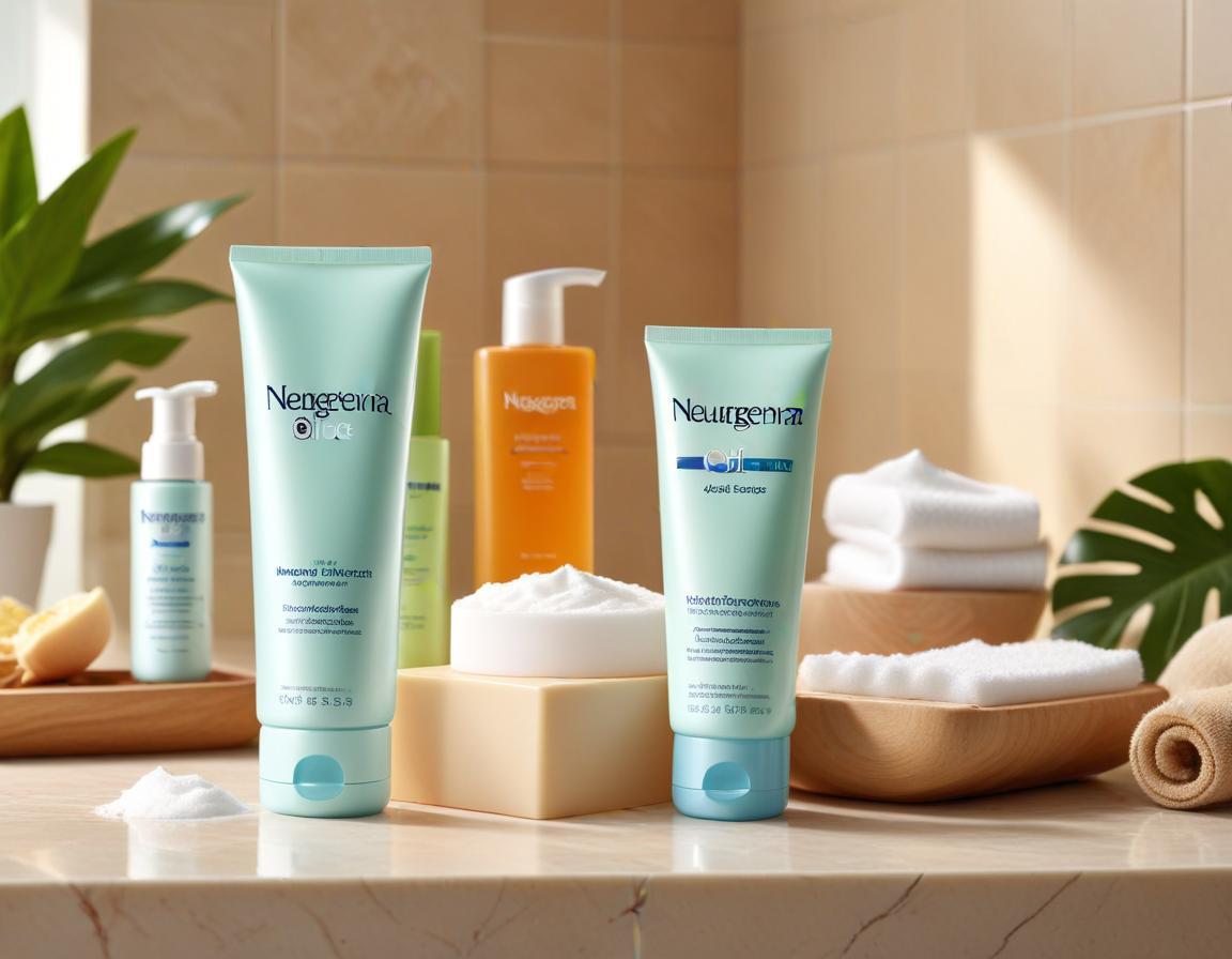 ขวดโฟมล้างหน้า Neutrogena ลดสิว วางอยู่ในห้องน้ำบนเคาน์เตอร์