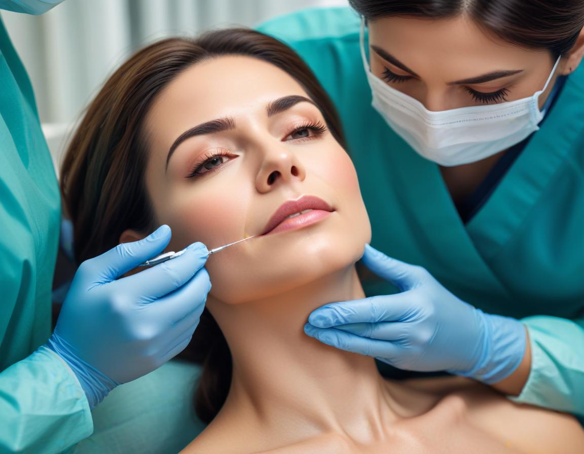 คนไข้ ผ่อนคลาย ระหว่าง ฉีด ฟิลเลอร์ คาง เพื่อ ความงาม และ ความมั่นใจ