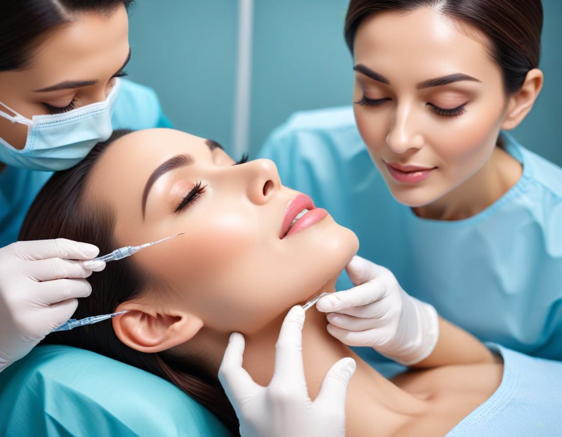 ภาพใกล้ชิด กระบวนการ ฉีด ฟิลเลอร์คาง ใน คลินิก มืออาชีพ เพื่อ ความงาม อย่าง ปลอดภัย