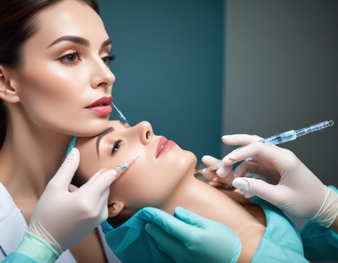 แพทย์ผิวหนัง กำลัง เตรียม ฟิลเลอร์ คาง ด้วย เข็ม ฉีด ใน คลินิก