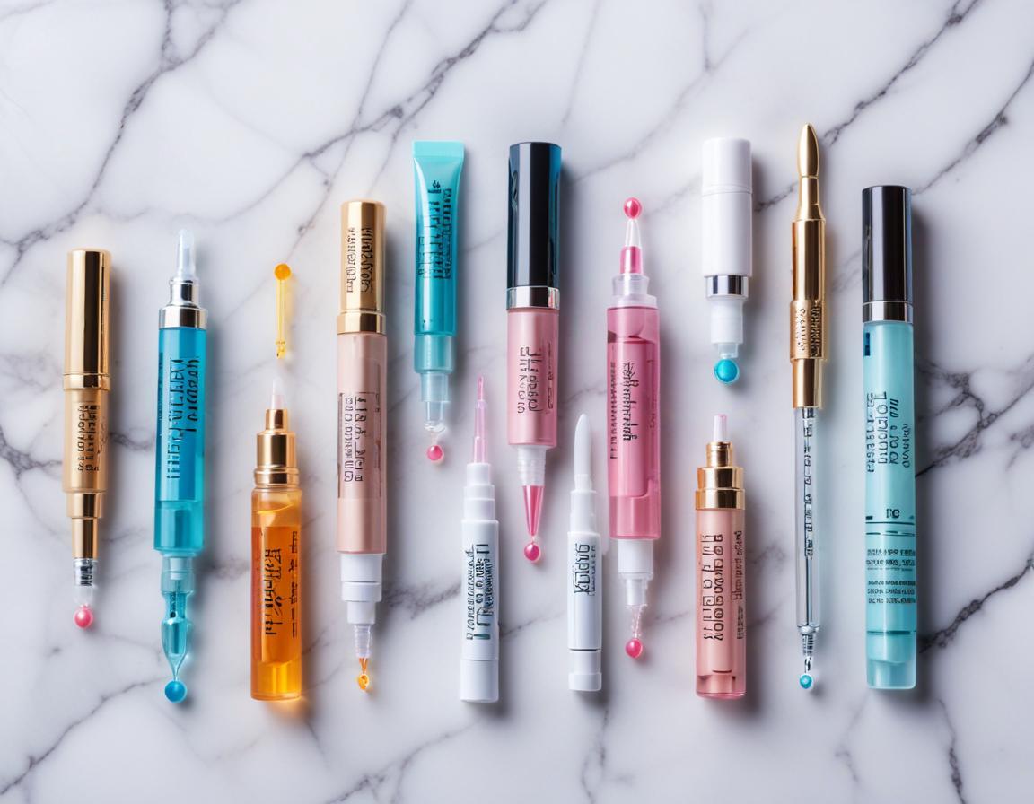 ภาพ ฟิลเลอร์ ไฮยาลูโรนิก วางเรียง บน พื้นหินอ่อน สีขาวเทา พร้อม เข็มฉีดยา และ อุปกรณ์